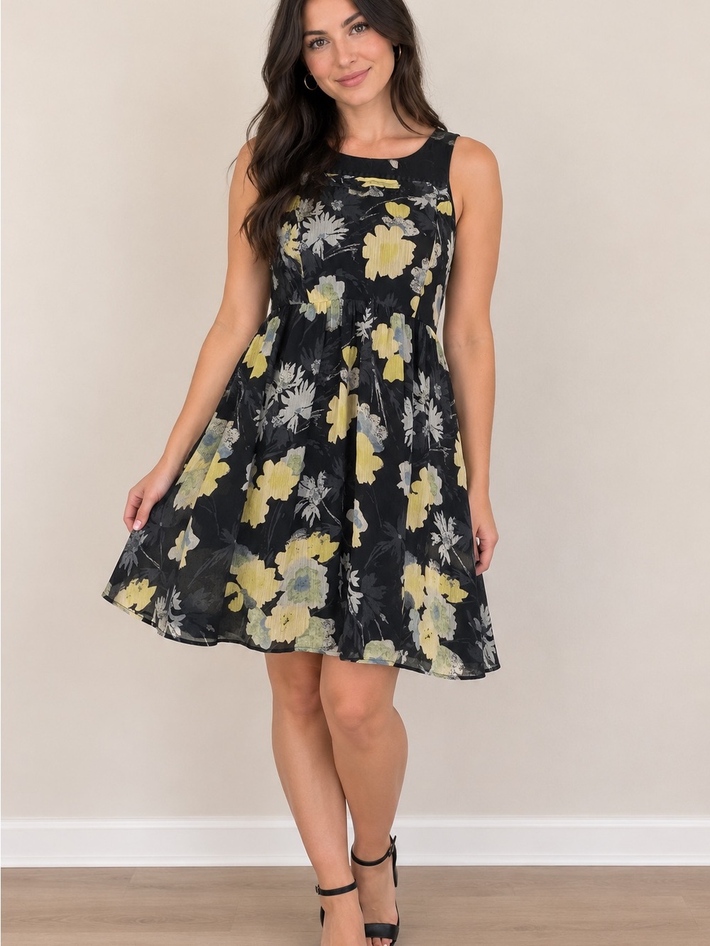 LOFT Black Floral Sleeveless A-Line Dress with Yellow Accents